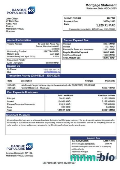 Maroko Banque Populaire du Centre-Sud wyciąg z kredytu hipotecznego szablon Word i PDF